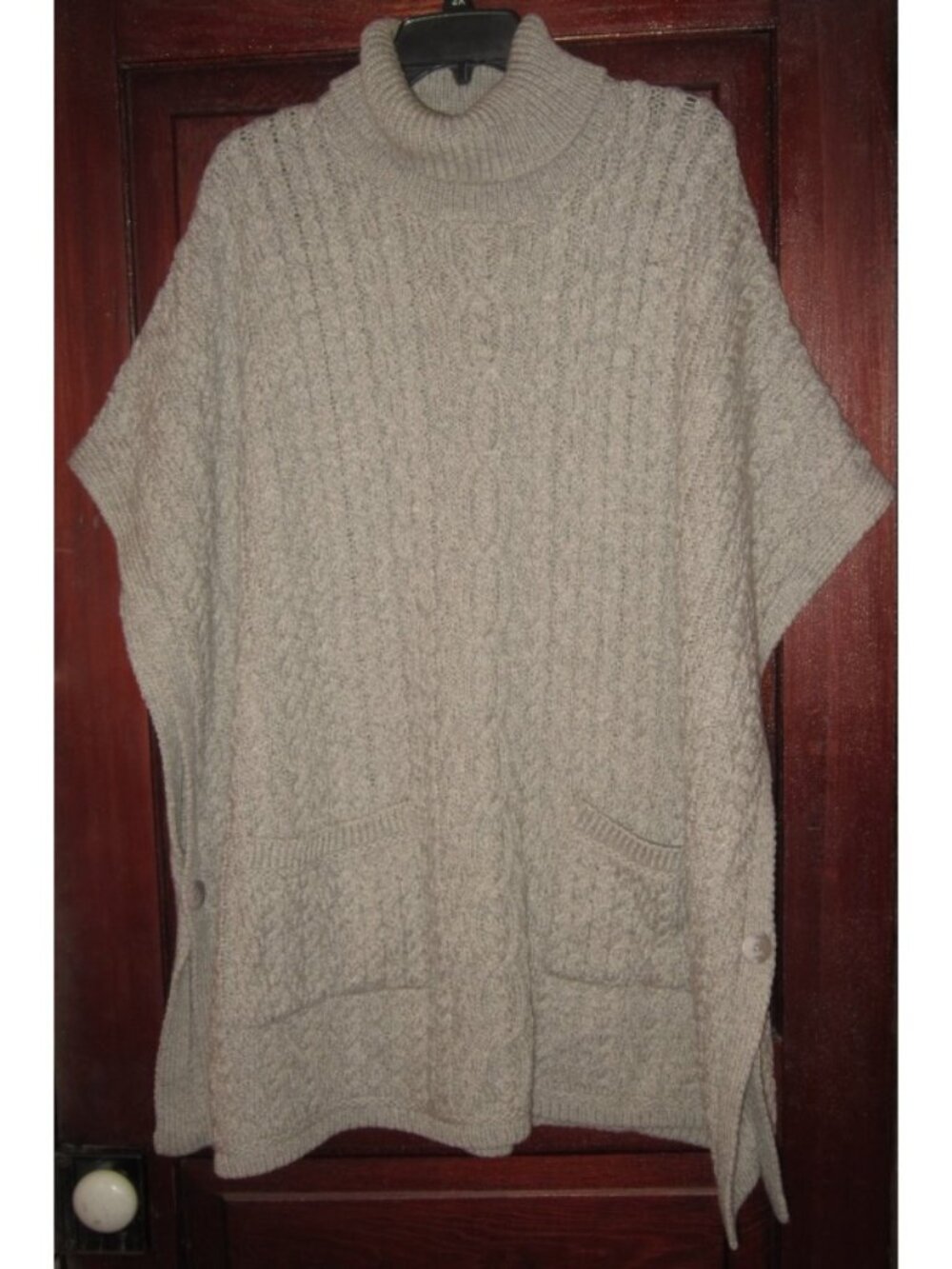 Aran Crafts Sz L Cable Knit Poncho Cape Sweater Pockets Turtleneck Merino Wool